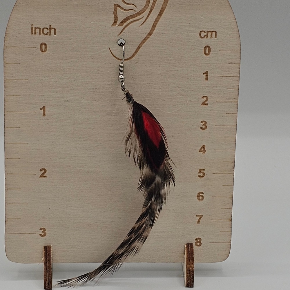 Feather Dangle Earrings‎ 4"+ Brown Red Grizzly Striped Boho Chic Tribal Western - Picture 8 of 12
